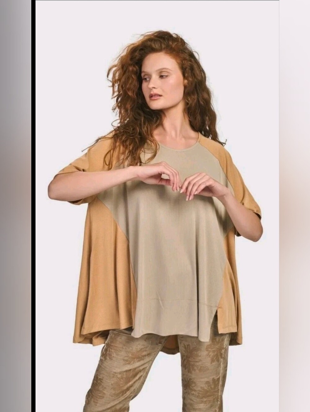 Alembika Colorblock Trapeze Top MED Mustard Brown Oversize Laganlook Israel Gold